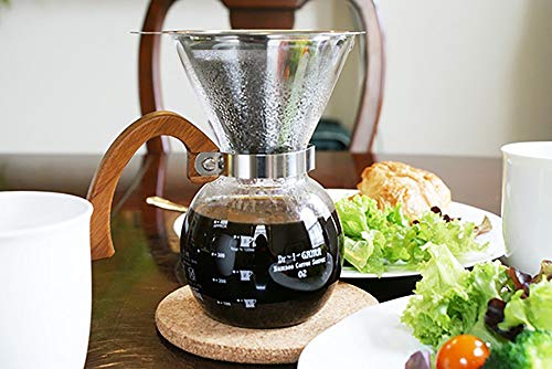 バンブーブラウンハンドル付きコーヒーサーバー Bamboo Coffee Server 5cup (650ml) 珈琲オイルもしっかり抽出オールステンレス極細ダブルメッシュフィルターセット