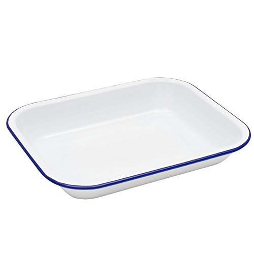 (Solid White with Blue Trim) - Enamelware Small Open Roasting Pan, Vintage White with Blue Rim