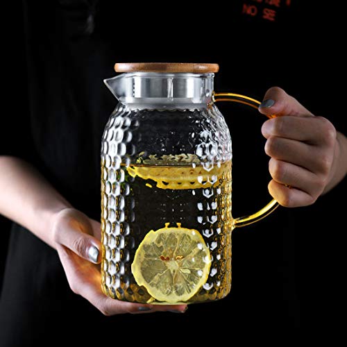 ガラスポット ONEISALL 耐熱直火可 ガラスピッチャー 竹製蓋 麦茶 アイスティー 花茶 (1500ml)