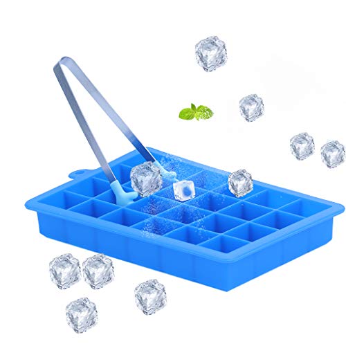 Amycute 製氷皿 氷アイストレー アイスキューブトレイ 24個取り 2.5cm 立方体 シリコン 高耐久性 クリップ付き アイスモールド 簡単作成 取り出し簡単 安全 無毒 (紫、青) (青)