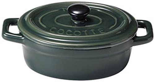 耐熱 陶器 かわいい フタ付 オーバル ミニ ココット 150ml (レンジ、オーブン、直火OK) グリーン