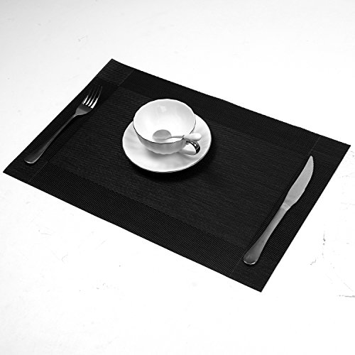 U'Artlines ランチョンマット テーブルランナー 撥水 防汚 断熱 丸洗い お手入れ簡単 食卓飾り PVC製 (ブラック ランチョンマット×4枚)