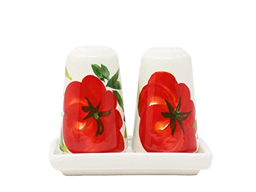 トマト&オリーブ柄 ソルトペッパー トレー付 調味料ケース 2個組セット イタリア製 陶器 食器 手作り d34