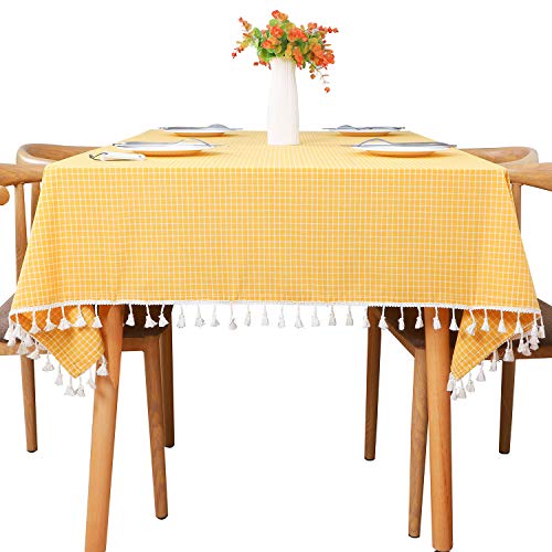 黄色と白の市松模様のタッセル長方形テーブルクロスコットンリネンホームキッチンダイニング卓上テーブルカバー140×180cm