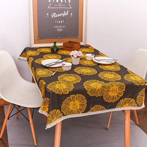 YBK Tech 北欧風 キャンバス生地 テーブルクロス レースエッジ付き 長方形 大きい黄色の菊 (90cm* 140cm)