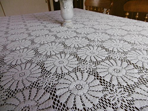綿混素材のクロッシェレース風テーブルクロス (幅150×長さ180cm, ホワイト)
