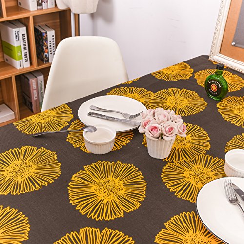 YBK Tech 北欧風 キャンバス生地 テーブルクロス レースエッジ付き 長方形 大きい黄色の菊 (90cm* 140cm)