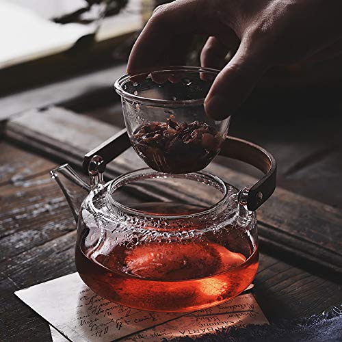 PFLife ティーポット 耐熱ガラス 6点セット 二重構造カップ&天然木トレイ付 紅茶·麦茶ポット セット 600ml 家族用 (Teapot+4Cup+1Tray)