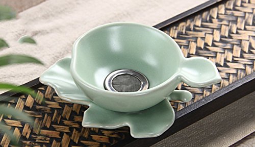 手製　緑　鯉のティーカップ　茶漉し　ティーストレーナー置き　３点セット　陶磁器　茶器　茶具　カンフーチャ　
