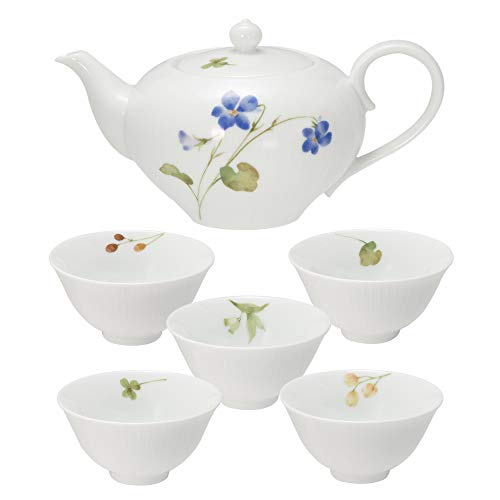 【包装紙ラッピング済】ノリタケ(Noritake) 煎茶器揃 ポット (高さ10cm 500ml)、煎茶湯呑 (直径9.5×高さ5cm、容量約156ml) あづまの路 絵変り (包装紙ブラウン)