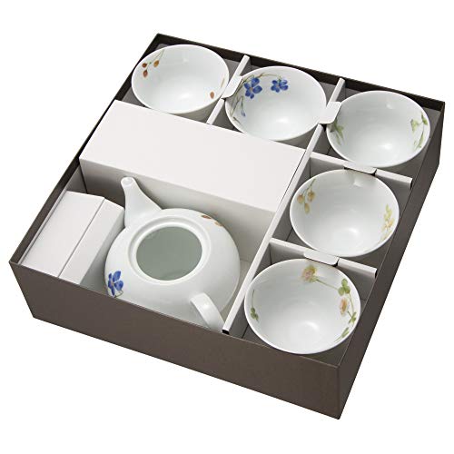 【包装紙ラッピング済】ノリタケ(Noritake) 煎茶器揃 ポット (高さ10cm 500ml)、煎茶湯呑 (直径9.5×高さ5cm、容量約156ml) あづまの路 絵変り (包装紙ブラウン)