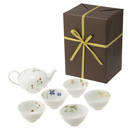 【包装紙ラッピング済】ノリタケ(Noritake) 煎茶器揃 ポット (高さ10cm 500ml)、煎茶湯呑 (直径9.5×高さ5cm、容量約156ml) あづまの路 絵変り (包装紙ブラウン)