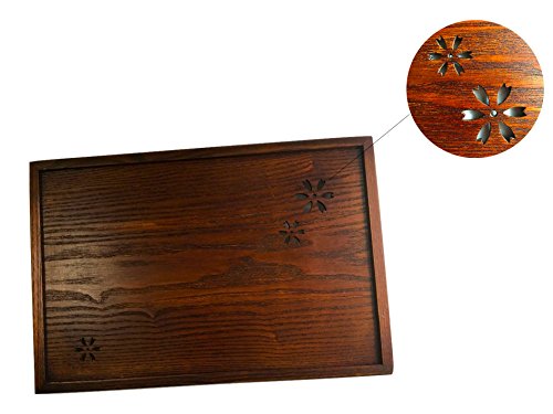 【スペシャルライフ】木製　トレー　お盆　長方形　四角　持ち手付き　 　透かし彫り桜　茶褐色　42X28cm