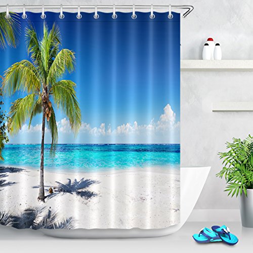 LB ビーチ風景 シャワーカーテン 椰子の木と青空 ブルー バスカーテン おしゃれ 浴室カーテン 夏にぴったり 遮像 目隠し用 防水防カビ加工 ポリエステル生地 リング付属 150ｘ180cm