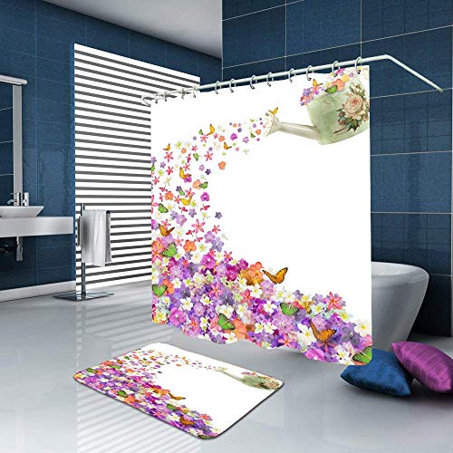 シャワーカーテン 花柄 蝶と花 間仕切り 浴室 防水 防カビ加工 目隠し用 布製 庭園の装飾 風景の絵画 多色