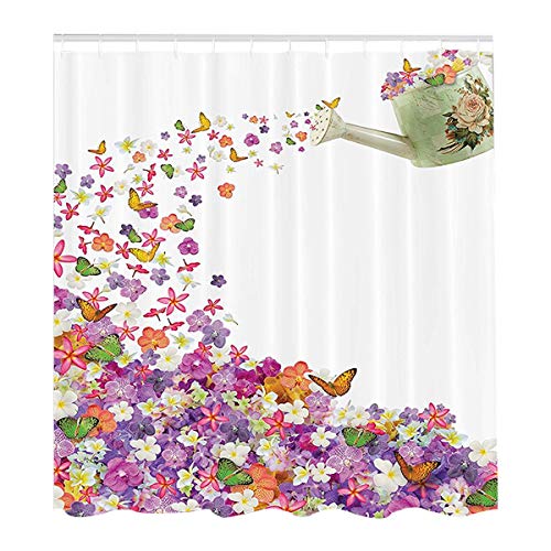 シャワーカーテン 花柄 蝶と花 間仕切り 浴室 防水 防カビ加工 目隠し用 布製 庭園の装飾 風景の絵画 多色