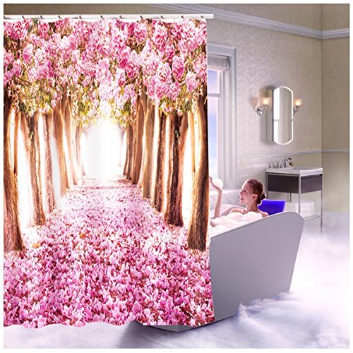 3D 桜 シャワーカーテン バスカーテン 浴室 お風呂カーテン 間仕切り 防カビ 防水 おしゃれ 洗面所 目隠し用 180x180cm ピンク 花柄 風景