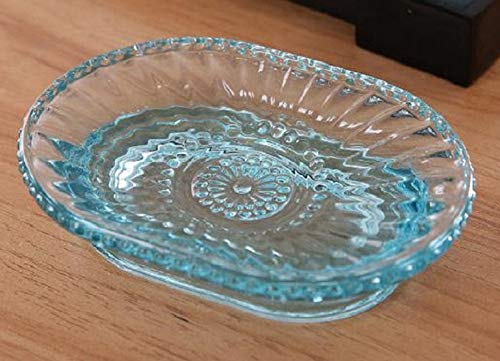 ガラス 製 ソープ ディッシュ 石鹸入れ レトロ デザイン 淡い ブルー 楕円形