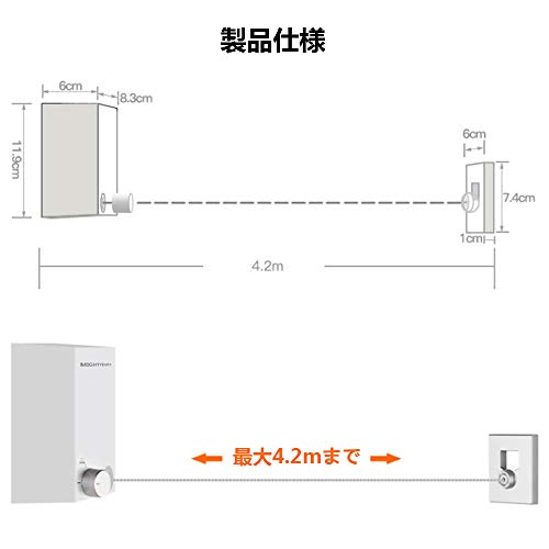 MIGHTYDUTY 室内物干しワイヤー、物干しロープ、最大限4.2m 耐重荷25KG 巻き取り式 壁掛け 洗濯物干し 自由伸縮 実用 便利 省スペース 日本語説明書付き
