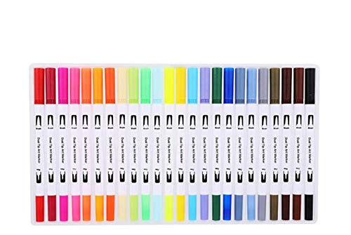 水彩毛筆 24色セット カラー筆ペン 両端ペン先 水彩筆 水彩ペン カラーペン 絵描き 塗り絵用 収納ケース付き（白）