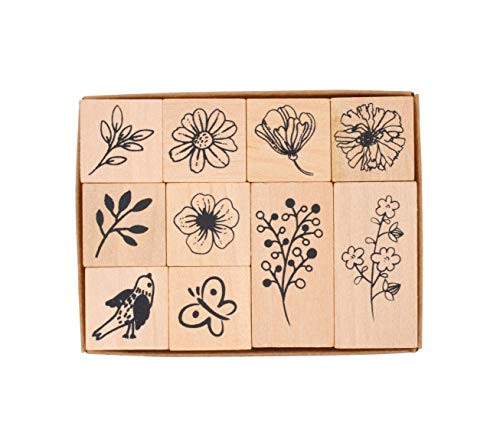 MissOrange『木製ゴム印セット』花のスタンプ クリエイティブスタンプセット クラフトカード スクラップブッキング 手帳用 10個セットM-16 (Flowers& Leaves)
