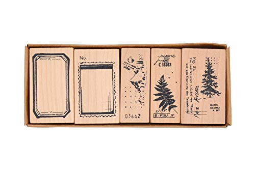 MissOrange『木製ゴム印セット』 シダ 森 山 クリエイティブスタンプセット クラフトカード スクラップブッキング 手帳用 5個セットM-32