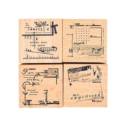 MissOrange『木製ゴム印セット』アンティーク スタンプ クリエイティブスタンプセット クラフトカード スクラップブッキング 手帳用 4個セット M-25