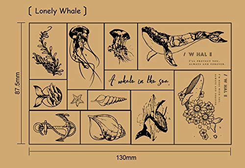 MissOrange『木製ゴム印セット』 花のスタンプ 鯨 クリエイティブスタンプセット クラフトカード スクラップブッキング 手帳用 12個セットM-18 (Lonely Whale)