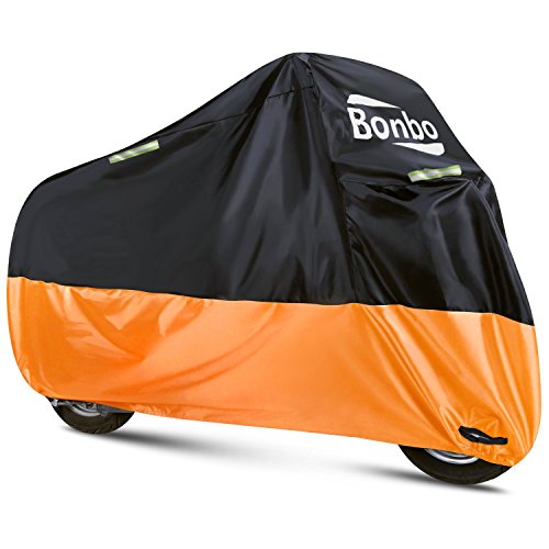 Bonbo バイクカバー – オールシーズン防水アウトドア用保護カバー – 100 インチのツアーバイク、チョッパーおよびクルーザーにぴったりフィット – ホコリや破片、雨、また悪天候から保護します（XXL、ブラック&オレンジ）