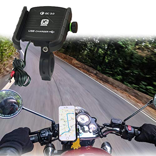 バイク スマホホルダー アルミ製 USB充電機能付き 2.5～7インチ対応 オートバイ スマホ スタンド ブラック