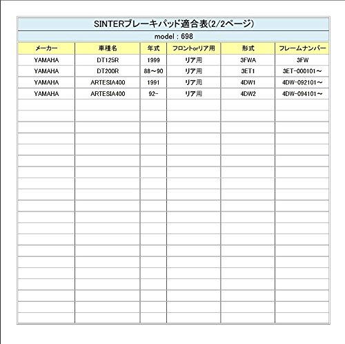 シンター(SINTER)バイク用ブレーキパッド698 フロント用 : ヤマハ リア用 : ヤマハ 72-698-080-0