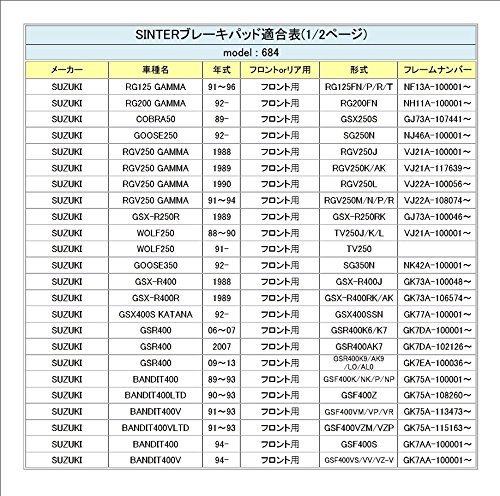 シンター(SINTER)バイク用ブレーキパッド684 フロント用 : スズキ/カワサキ/HUSABERG 72-684-080-0