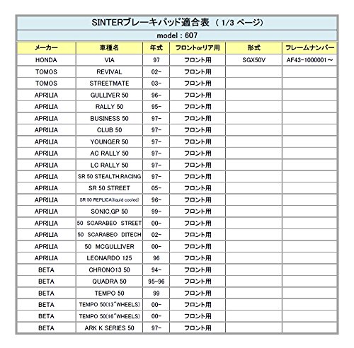 シンター(SINTER)バイク用ブレーキパッド607 フロント:ホンダ/トモス/アプリリア/ベータ/ベネッリ/ジレーラ/ベスパ リア:アプリリア/ベータ/ベネッリ/ジレーラなど 72-607-080-0