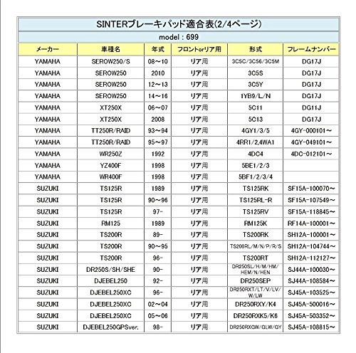 シンター(SINTER)バイク用ブレーキパッド699 リア用 : ヤマハ/スズキ/カワサキ 72-699-080-0