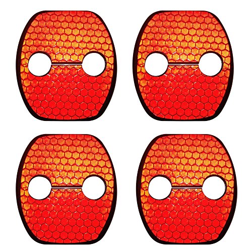 適合多数日産Nissan Teana Sunny Tiida Bluebird Sylphy X-Trail DUALIS用ドア ロック ストライカー カバー +ハニカム反射ステッカー赤い高輝度 反射4 個 セット