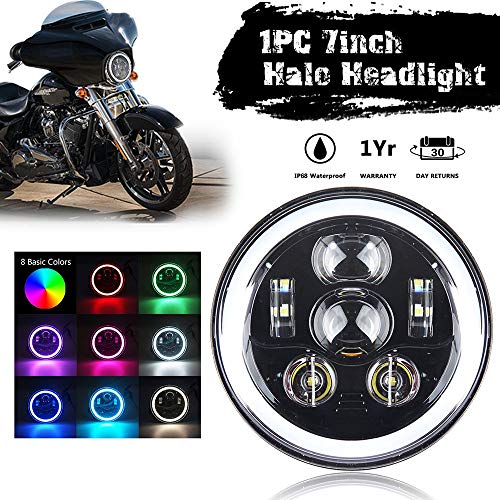 7インチ LEDヘッドライト MOTOSTAR ハーレー用 2019新型 H4/H13 Hi/Lo RGBイカリング付き 12-24V 58W 車検対応 防水 Harley インチ仕様適用 1個【一年保証付き】