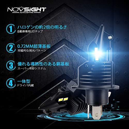 令和 NOVSIGHT 最新 30W 8000LM バイク LEDヘッドライト H4 新車検対応 ハイパワーLED 高輝度 切れのいいカットライン 6500K 12V/24V対応 2個セット 2年保証
