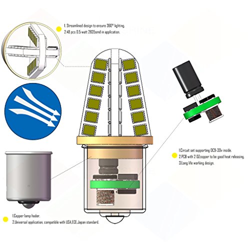 Wiseshine ba15s p21w 1156 g18 led オートcanbus 電球 DC9-30v 3年間の品質保証（2パック) ba15s 48smd 2835 真っ白