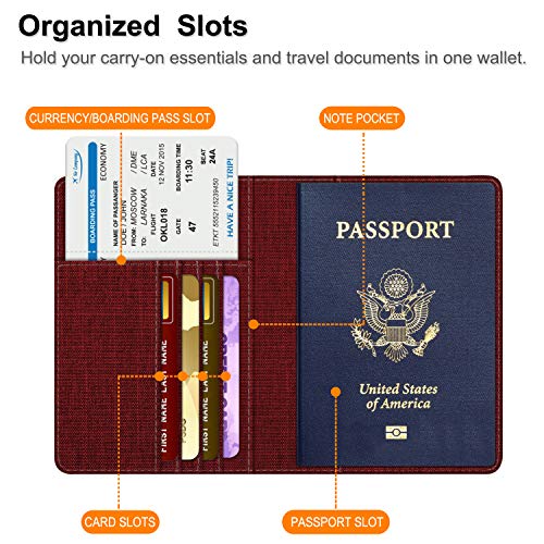 Fintie パスポートケース ホルダー トラベルウォレット スキミング防止 安全な海外旅行用 高級PUレザーパスポートカバー 多機能収納ポケット 名刺 クレジットカード 航空券 エアチケット (デニムブルゴーニュ)