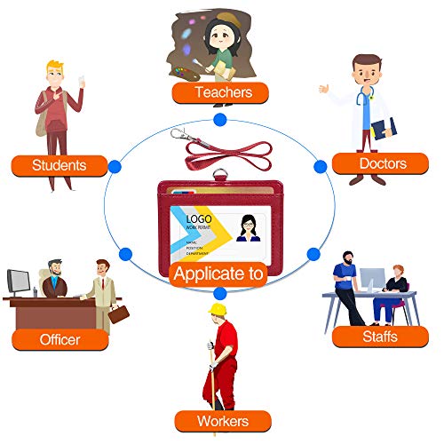IDカードホルダー Teskyer ネックストラップ付き PUレザー ネームホルダー 名札ケース 社員証 カードホルダー 名刺入れ 学校（横型 ワインレッド）