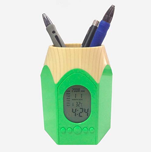 [クイーンビー] ペンスタンド 目覚まし時計 かわいい 鉛筆 型 ペン 立て ホルダー 置き 時計 温度表示 カレンダー アラーム デスク オフィス 事務 用品 多機能 (グリーン)