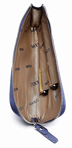 (Blue) - MEKU Pencil Case Genuine Leather Pen Case Stationery Bag Zipper Pouch Pencil Holder with 2 Slots Blue