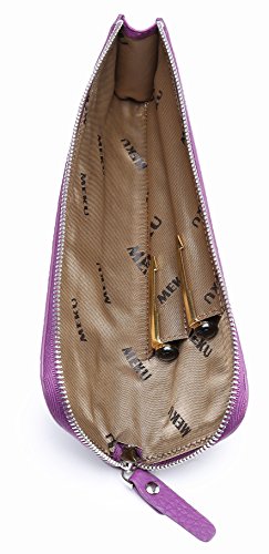 (Purple) - MEKU Pencil Case Genuine Leather Pen Case Stationery Bag Zipper Pouch Pencil Holder with 2 Slots Purple
