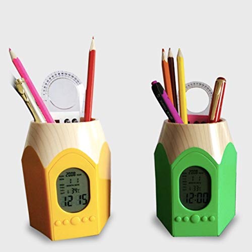 [クイーンビー] ペンスタンド 目覚まし時計 かわいい 鉛筆 型 ペン 立て ホルダー 置き 時計 温度表示 カレンダー アラーム デスク オフィス 事務 用品 多機能 (グリーン)