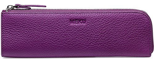 (Purple) - MEKU Pencil Case Genuine Leather Pen Case Stationery Bag Zipper Pouch Pencil Holder with 2 Slots Purple