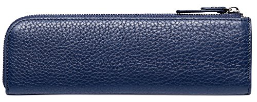 (Blue) - MEKU Pencil Case Genuine Leather Pen Case Stationery Bag Zipper Pouch Pencil Holder with 2 Slots Blue