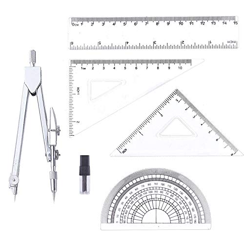 BronaGrand 5個/セット 数学幾何学キット ステンレス製図面コンパス プラスチック定規セット（分度器、三角形30/45度、定規）