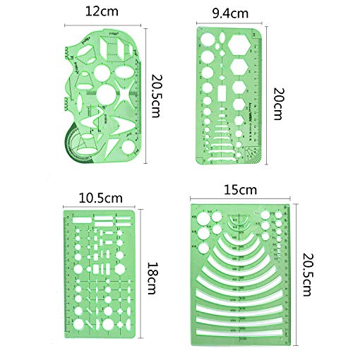 BronaGrand 4個入り プラスチック製 テンプレート定規 描画ツール 幾何定規測定ツール 学校やオフィスの製図用品（クリアグリーン）