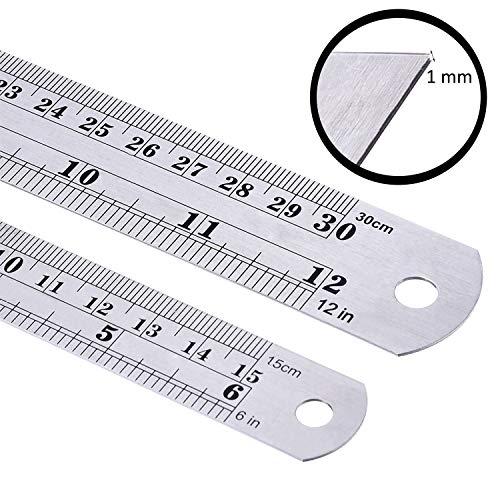 2 Pack Straight Rulers, Stainless Steel 6 and 12 Inches(15 and 30cm) Measuring Ruler Tool