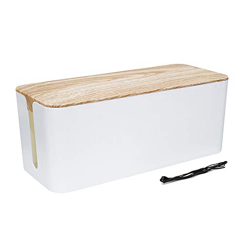 Calife 北欧インテリア 電源タップ & ケーブルボックス テーブルタップ収納ボックス 蓋は木目塗り仕様 結束バンド1本付き 難燃性ポリスチレン製 白/ホワイト (Size-M)